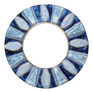 Vintage Round Blue Mirror in Ceramic For Sale