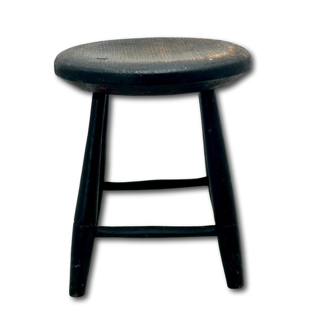Black Very Nice Hand Made Antique American Primitive Pine Wood Footstool With Excellent Original Old Black Paint For Sale - Image 8 of 18