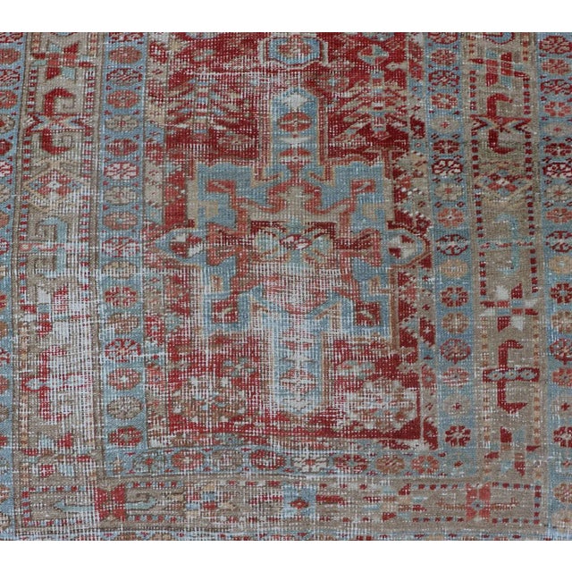 Antique Persian Heriz Runner With Geometric Design in Soft Red and Sky Blue 2'10 X 10'1 For Sale - Image 9 of 13