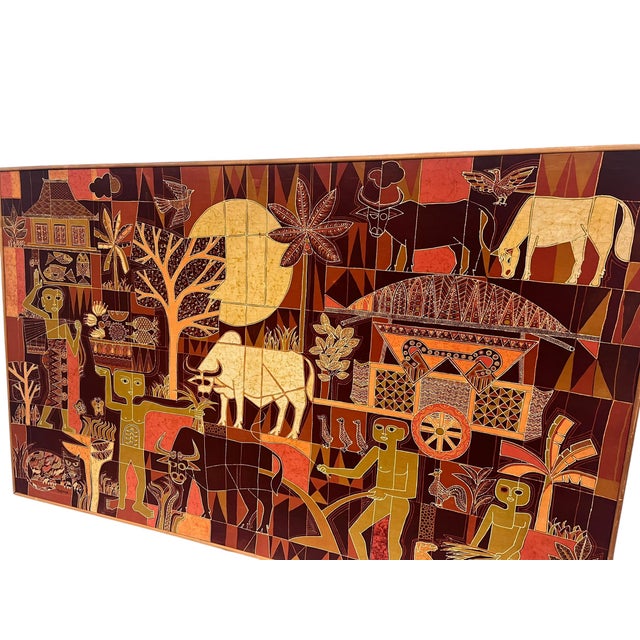 Large Vintage Tribal Folk Art Batik Fabric Painting Art With Mid Century Modern Influence, Signed and Dated For Sale - Image 4 of 9