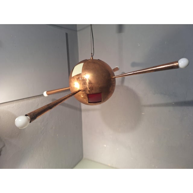 Chandelier in Copper Brass and Colored Glass 4 Copper Cones For Sale - Image 10 of 18
