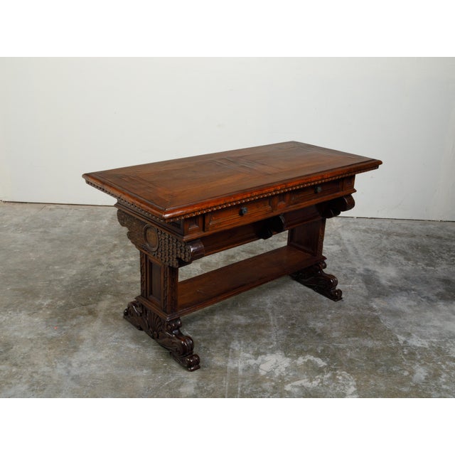 Italian 1800s Walnut Trestle Base Table with Two Drawers and Carved Motifs For Sale In Atlanta - Image 6 of 12