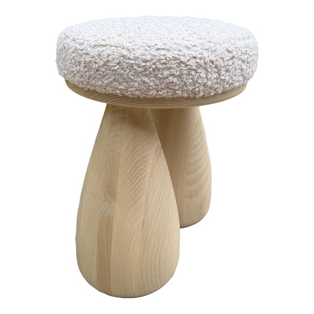 Sculptural Stool Attributed to Sam Klemick for Otherside Objects – Shearling Seat With Carved Wood Base For Sale