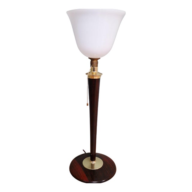 Large Art Deco Desk Lamp in Wood, Brass and White Opaline Glass from Mazda, 1930s For Sale