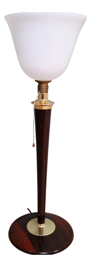 Large Art Deco Desk Lamp in Wood, Brass and White Opaline Glass from Mazda, 1930s