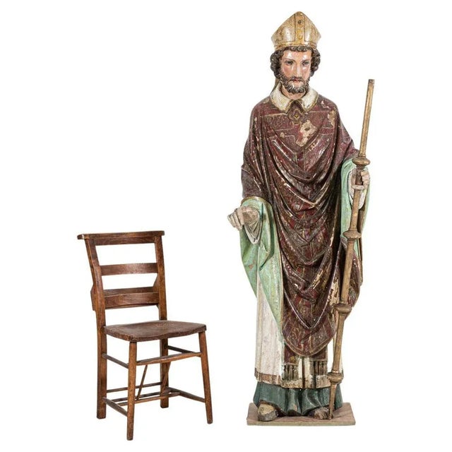 Antique Circa 1720 Large Early 18thC Italian Oak & Polychrome Carved Statue of a Bishop / Saint. Flat back with a secret...