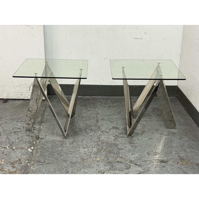 Calvin Chrome + Glass Side Tables, Pair For Sale - Image 9 of 12