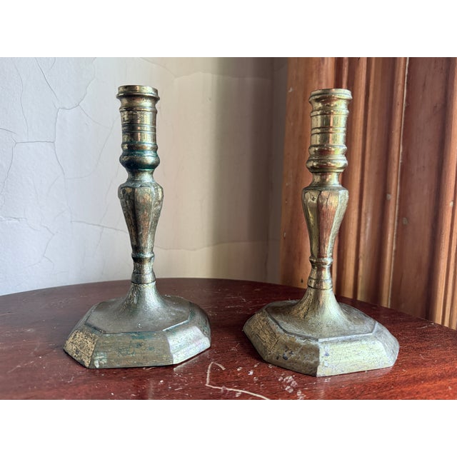 Metal Vintage, Mid-Century Brass Colonial Revival Candlestick Holders For Sale - Image 7 of 10
