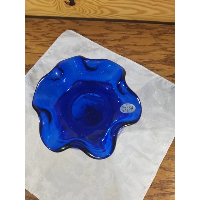 1970s Vintage Fenton 100th Anniversary Cobalt Blue Hp Deer in Winter Scene Glass Hexagon Vase For Sale - Image 5 of 8