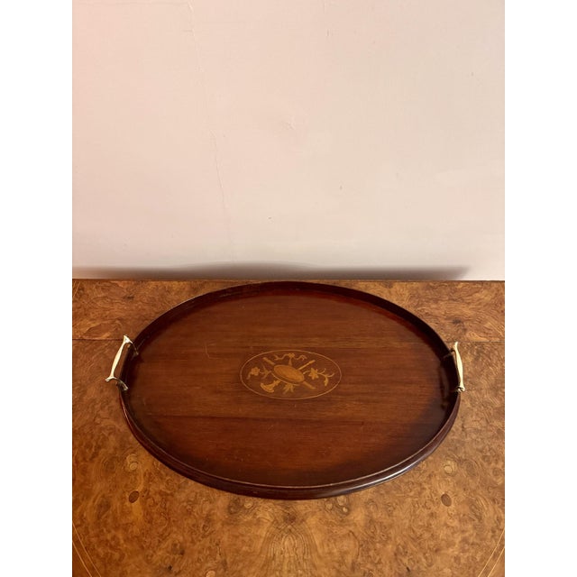 1900 - 1909 Antique Edwardian Oval Mahogany Inlaid Tea Tray, 1900s For Sale - Image 5 of 6