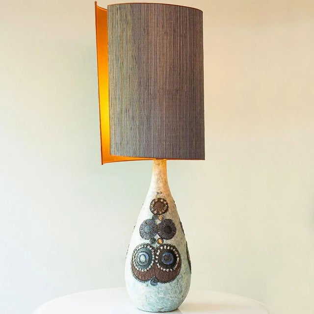 Beige and Blue Ceramic Floor or Table Lamp with Lampshade attributed to R. Houben, 1970s For Sale - Image 4 of 11