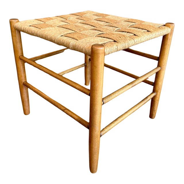 1960s Maple Short Stool With Woven Rush Seat For Sale