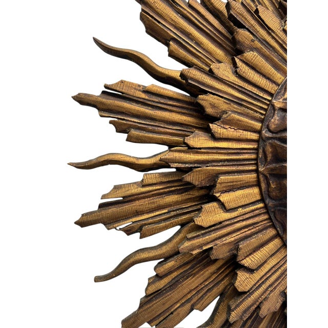 Convex Carved Polychrome Painted Wooden Sunburst Mirror with Double Layer Rays, 1930s For Sale - Image 9 of 16