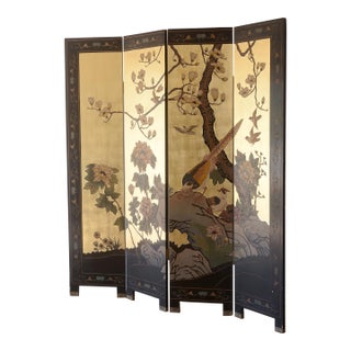 Vintage Asian Gold Leaf Coromandel 4-Panel Folding Screen With Birds in Nature Scenes For Sale