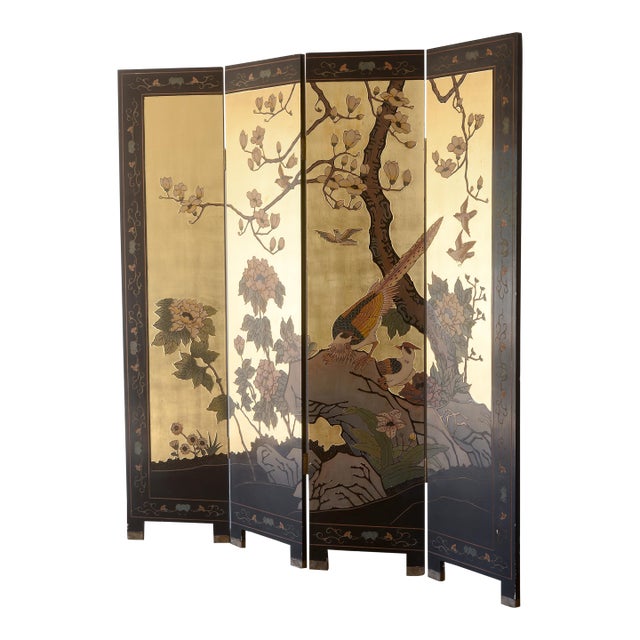 Vintage Asian Gold Leaf Coromandel 4-Panel Folding Screen With Birds in Nature Scenes For Sale