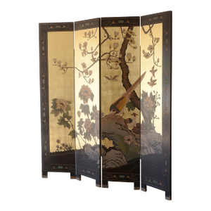 Vintage Asian Gold Leaf Coromandel 4-Panel Folding Screen With Birds in Nature Scenes