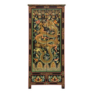 Oriental Tibetan Style Golden Dragon Graphic Tall Slim Storage Cabinet For Sale