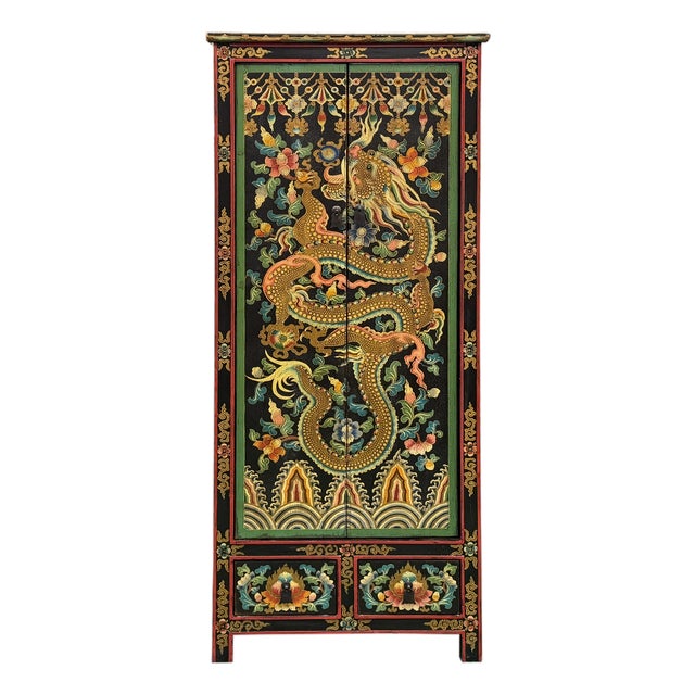 Oriental Tibetan Style Golden Dragon Graphic Tall Slim Storage Cabinet For Sale