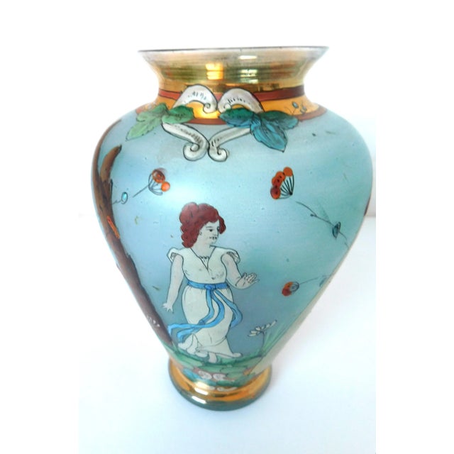 Art Nouveau Blue Glass Hand-Painted Scenic Vase, Nouveau Woman, Gold Leaf, C. 1900-1910 For Sale - Image 12 of 12