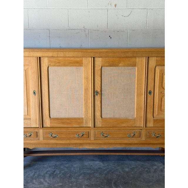 Brown In Style of Henning Kjærnulf Oak Sideboard Credenza With Carved Doors and Four Drawers Danish Mid-Century Modern 1970s For Sale - Image 8 of 12