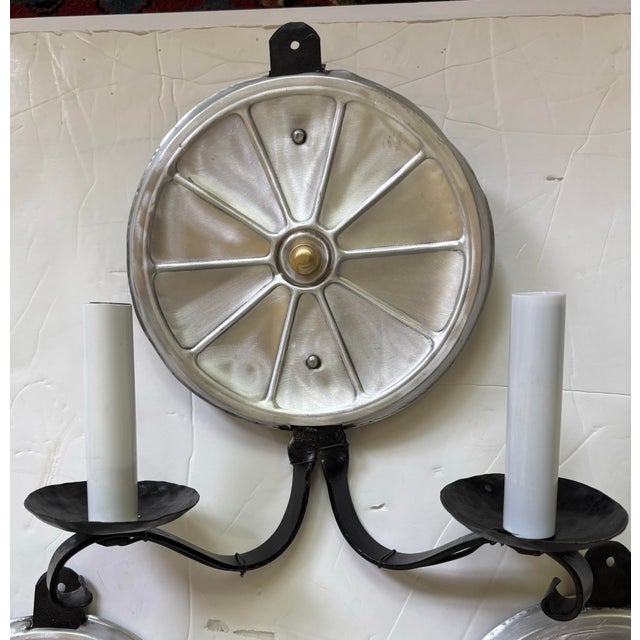 Set of 6 Wrought Iron-Arm Sconces With Pewter Reflectors For Sale In Philadelphia - Image 6 of 8