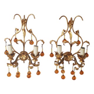 Wall Lamps with Dropping Crystal Glass, Italy, 1960s, Set of 2 For Sale