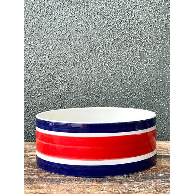 Vintage Italian Striped Ceramic Salad Bowl and Utensils - 3 pcs For Sale In West Palm - Image 6 of 12