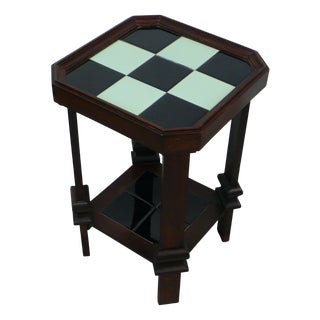 Art Deco Side Table in Nutwood with Ceramic Tiles in Black and Mint, 1890s For Sale