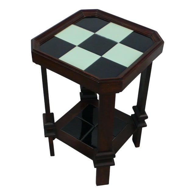 Art Deco Side Table in Nutwood with Ceramic Tiles in Black and Mint, 1890s For Sale