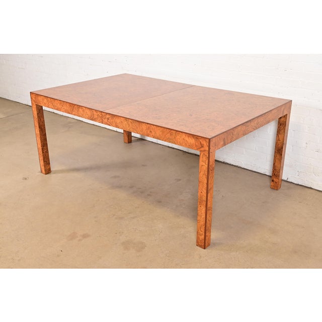 Brown Milo Baughman Style Burl Wood Parsons Extension Dining Table, Newly Refinished For Sale - Image 8 of 15