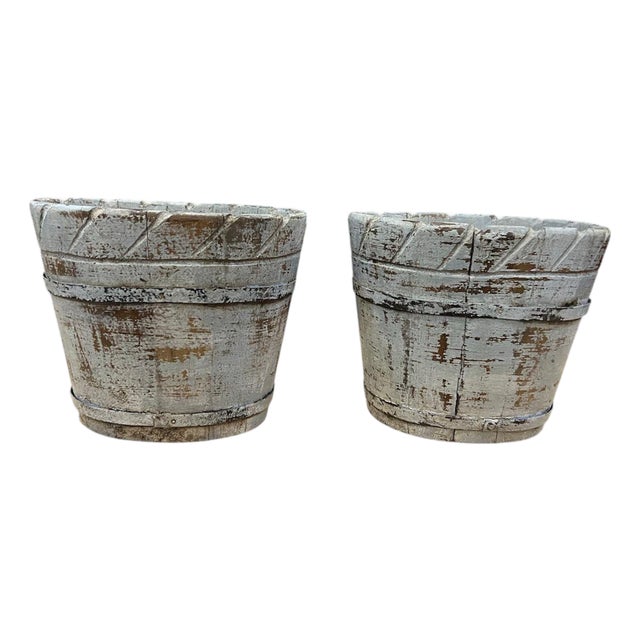 Vintage Rustic Hand-Carved Wooden Planter Buckets – Pair For Sale