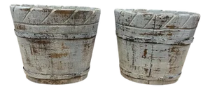 Vintage Rustic Hand-Carved Wooden Planter Buckets – Pair