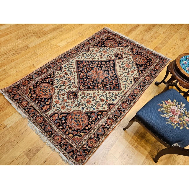 19th Century 19th Century Persian Farahan Sarouk Rug, Hand-Knotted Wool, Floral Medallion Pattern, Ivory & Blue, 5x7 For Sale - Image 5 of 17