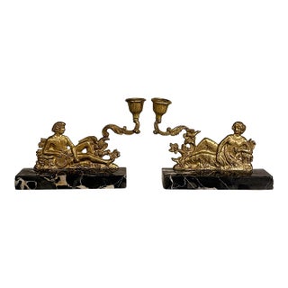 Vintage French Neoclassical Brass & Marble Figural Candlestick Holder - A Pair For Sale