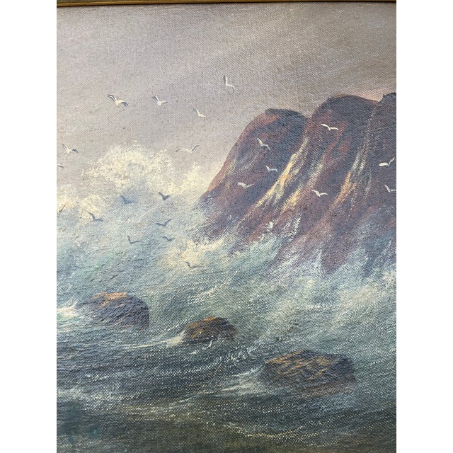 Mid Century Modernist Seascape Painting Sail Boat Seagulls Rocky Shore Original Frame For Sale - Image 4 of 5