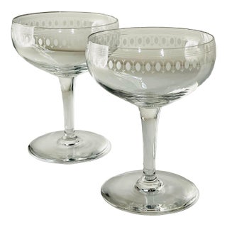 Early 20th Century “Egg & Dart” Etched Glass Champagne Glasses- a Pair For Sale