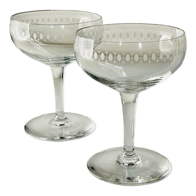 Early 20th Century “Egg & Dart” Etched Glass Champagne Glasses- a Pair For Sale
