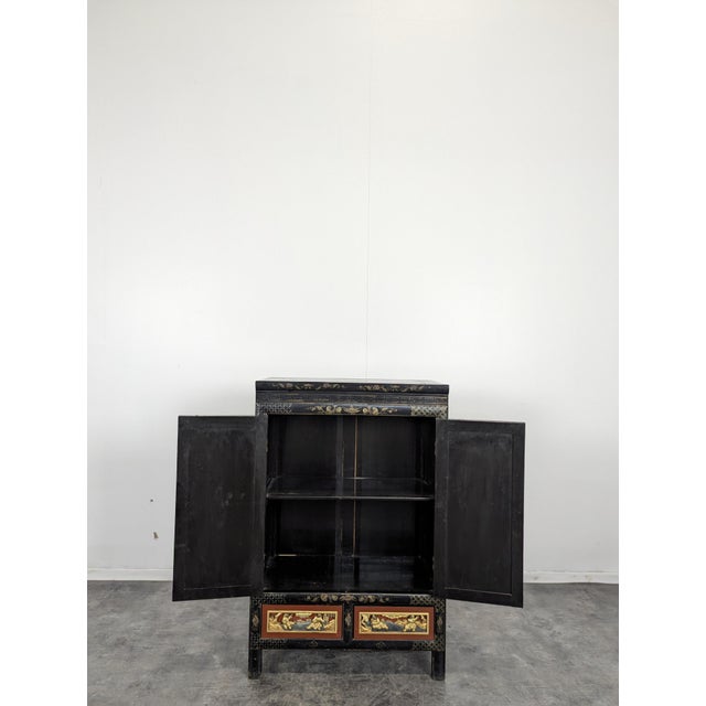 Asian Cabinet with Polychrome Sculpted Panels For Sale - Image 4 of 9