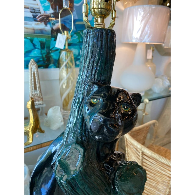 Vintage Pair of Mid-Century Modern Plaster Black Panther Cat Table Lamps For Sale - Image 9 of 13