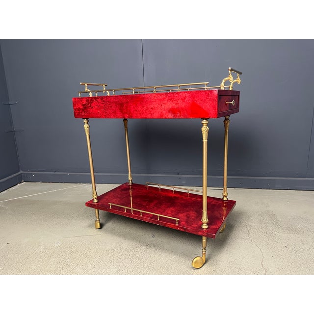 Metal Italian Lacquered Goatskin and Parchment Serving Bar Cart from Aldo Tura, 1960s For Sale - Image 7 of 9