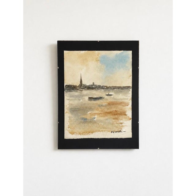 Elegant original watercolor depicting a serene view of Bordeaux and its river landscape, signed by French artist JG...