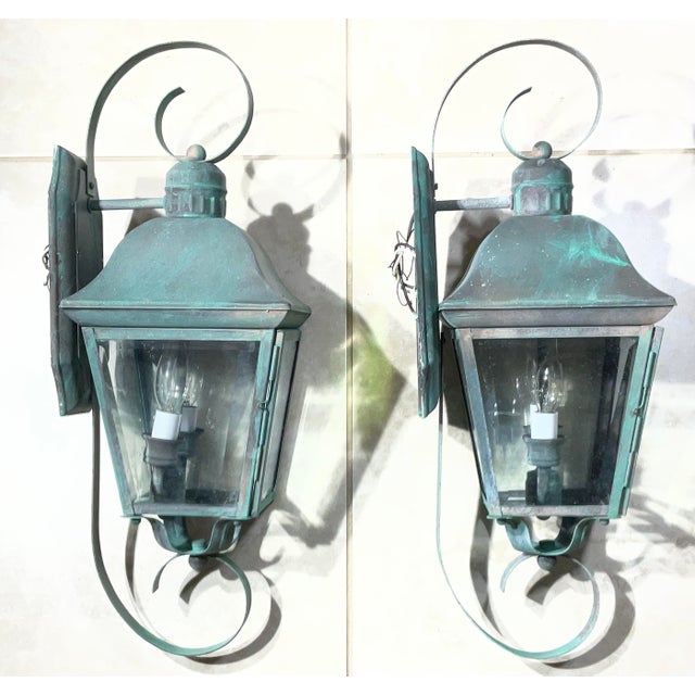 Pair of Vintage Solid Brass Outdoor Wall Lanterns - 22”h X 7”.5 W X 7”.5 D For Sale - Image 9 of 15
