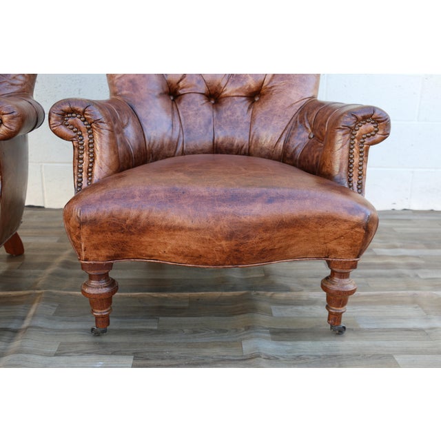 Wood Pair of Vintage 1980s Distressed Brown Leather Tufted Library Armchairs For Sale - Image 7 of 18