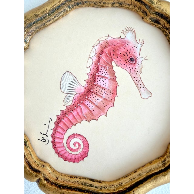 Coastal Original Sea Horse Painting in a Vintage Italian Gold Frame For Sale - Image 3 of 3