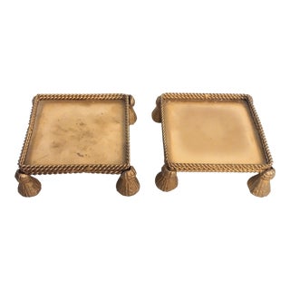 Vintage Metal Gold Square Rope Tassel Hollywood Regency Dorothy Draper Style Pillar Candle Holders- a Pair For Sale