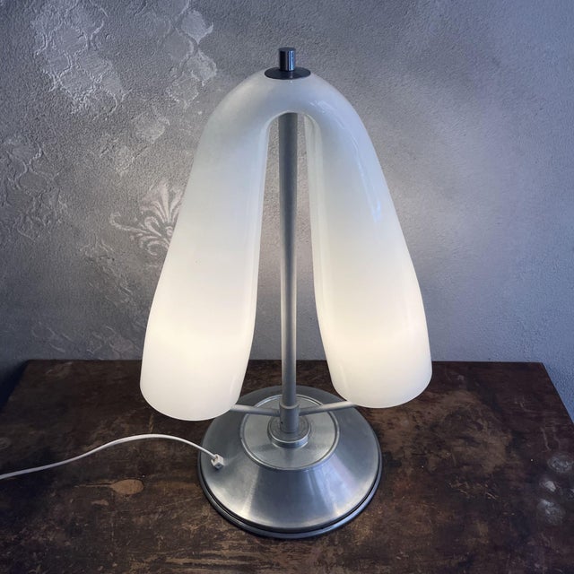 Space Age Table Lamp with Curved Opal Glass Shade and Two Lights attributed to Mazzega For Sale - Image 6 of 12