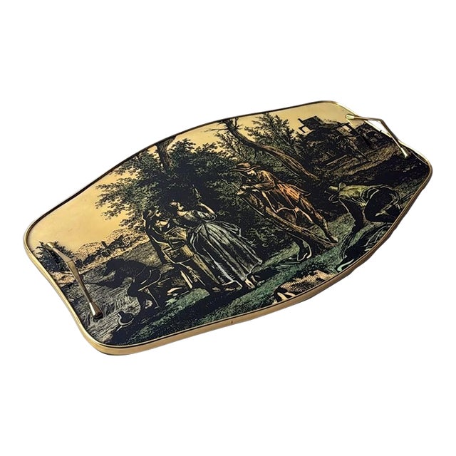 Italian Decorative Tray With Brass Handles and Pastoral Scene For Sale