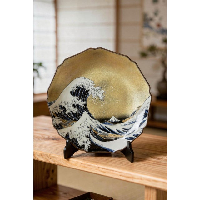 Japanese Large 12” Kutani Porcelain Decorative Plate, Hokusai Great Wave Inspired, Olive-Khaki Glaze, With Signed Wooden Box & Stand For Sale - Image 3 of 6