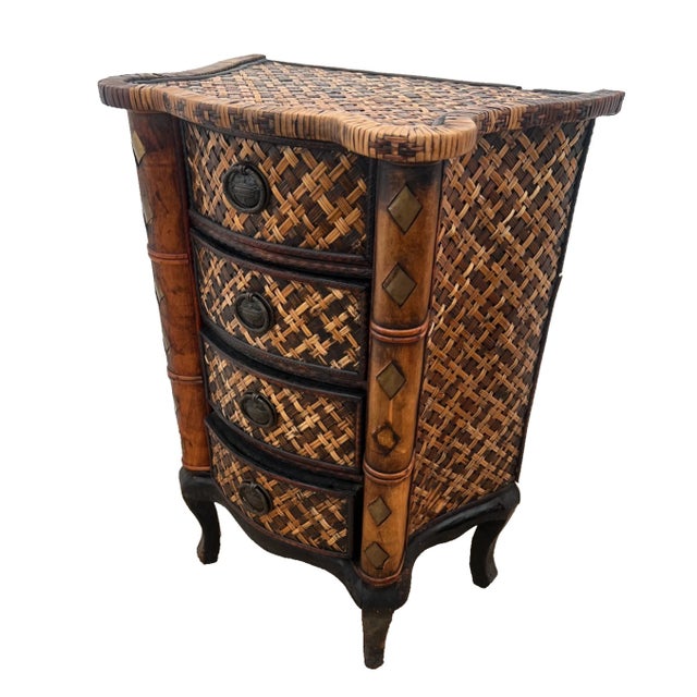 Coastal Vintage Nightstand Cabinet Chest Four Drawers Bamboo / Wicker Tiki Petite Size For Sale - Image 3 of 14