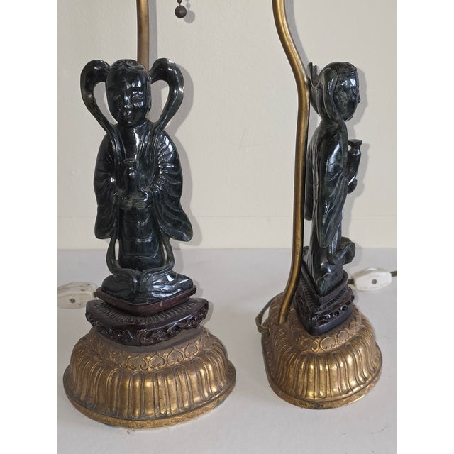 Pair of Carved Jade Figural Lamps For Sale - Image 12 of 12